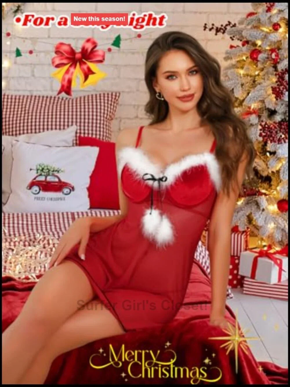 Sheer Mesh Babydoll Lingerie Set Feather Trim V-Neck Christmas Boudoir
